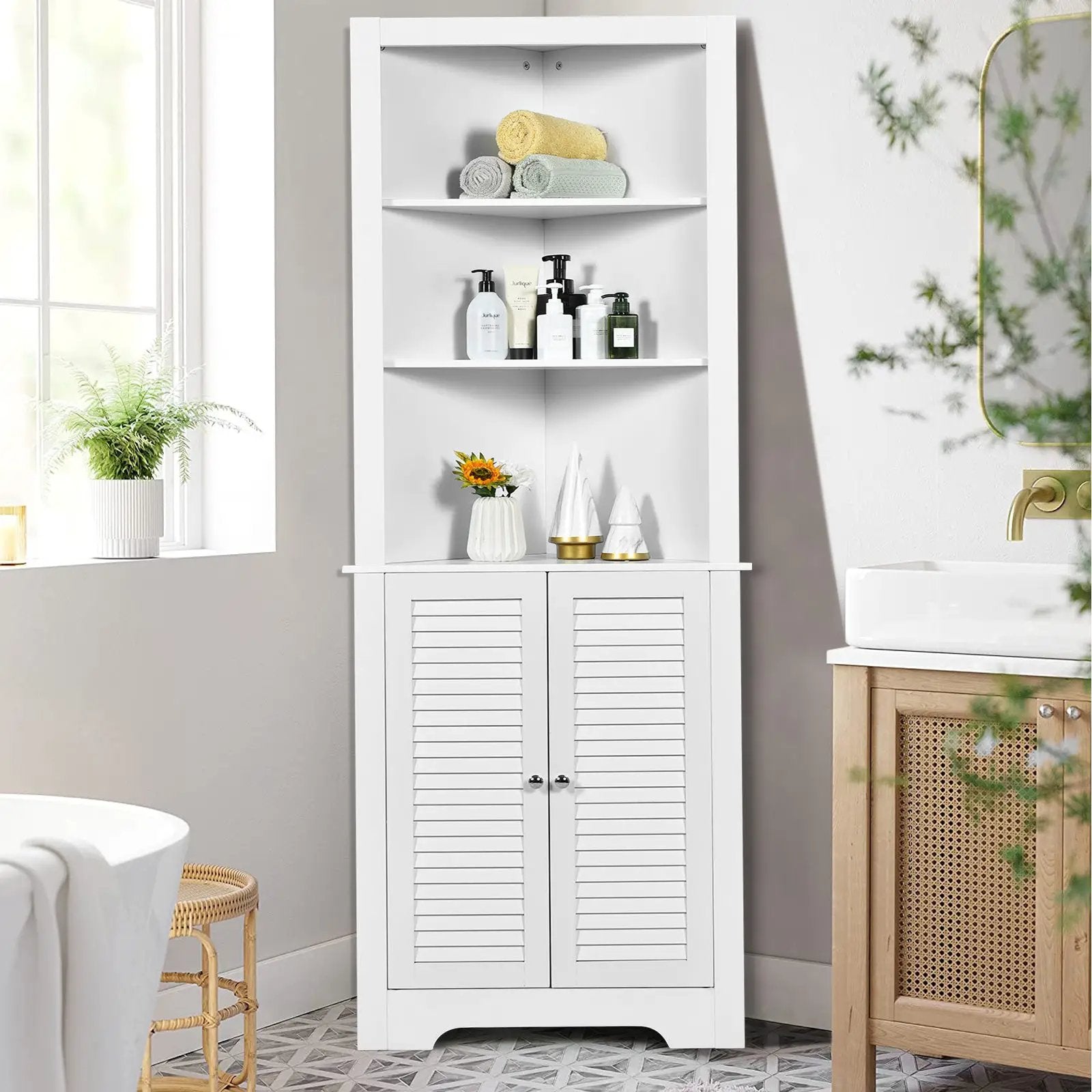 Free Standing Tall Bathroom Corner Storage Cabinet with 3 Shelves by DirectDeals