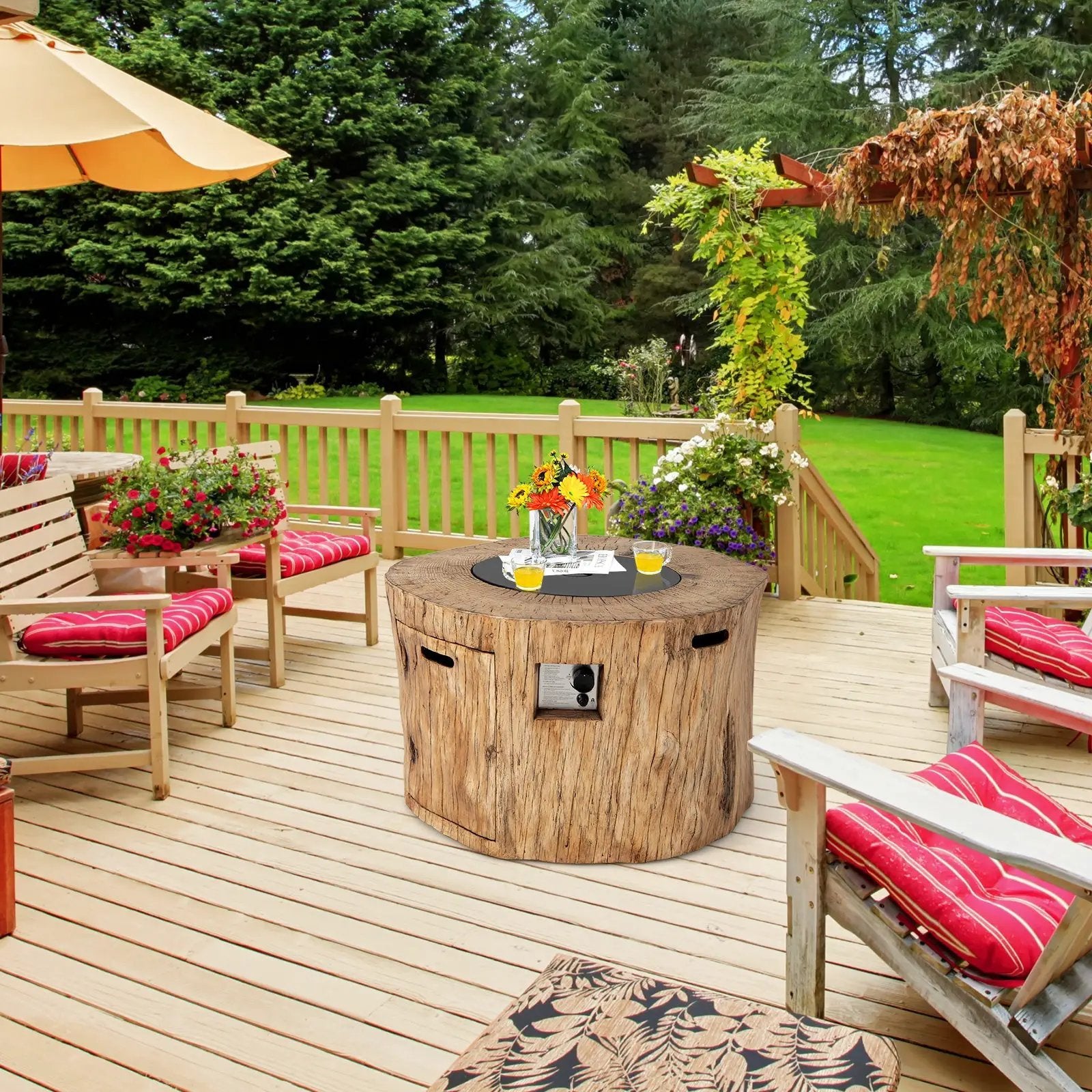 40 Inch Round Propane Gas Fire Pit Table Wood-Like Surface with Laval Rock PVC Cover by DirectDeals