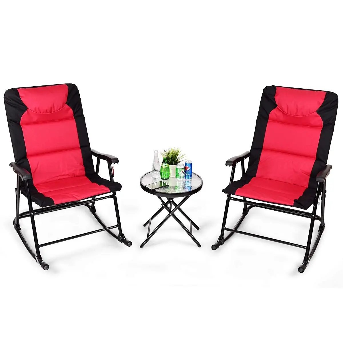 3 Pcs Outdoor Folding Rocking Chair Table Set with Cushion by DirectDeals