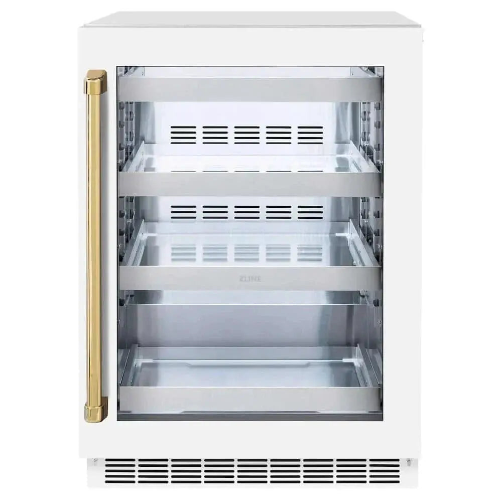 ZLINE 24" Touchstone 151 Can Beverage Fridge White Matte Glass Door Polished Gold Handle RBSOZ-WM-24-G by Farmhouse Kitchen and Bath