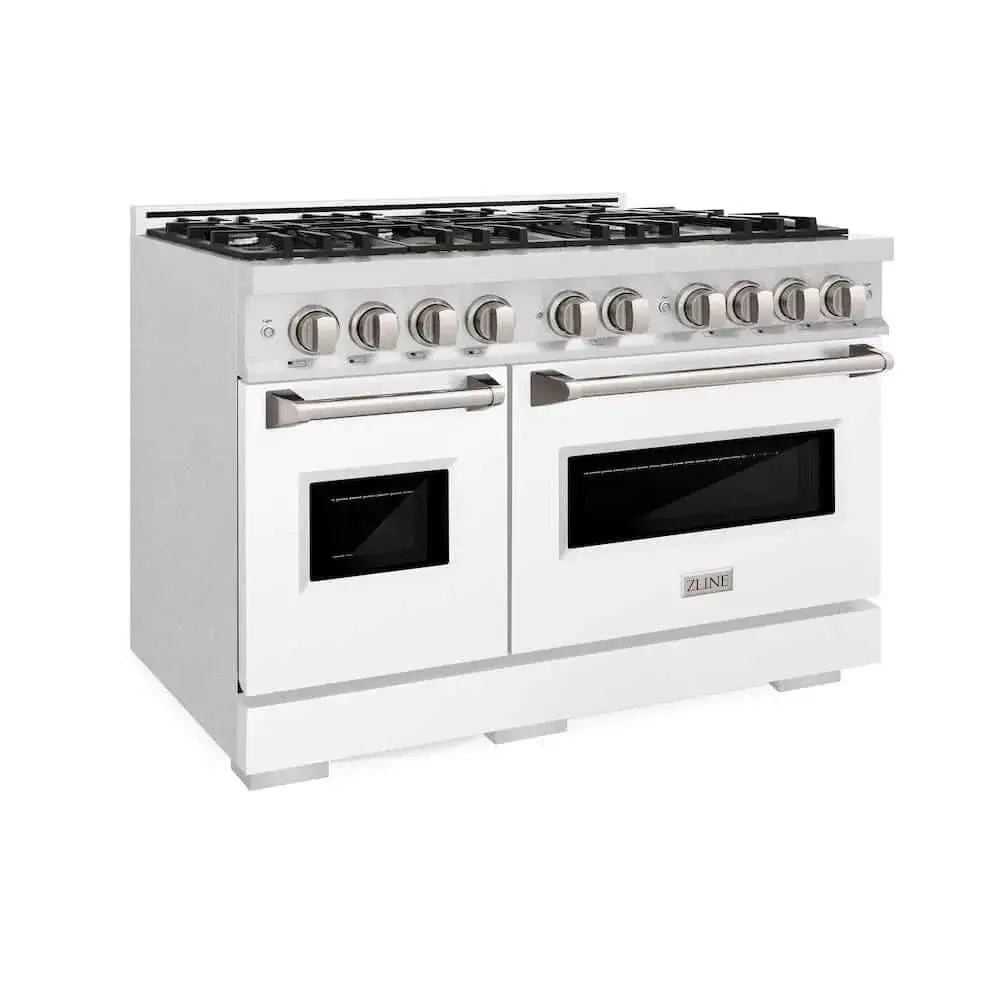 ZLINE 48" Dual Fuel Range, Gas Cooktop, Electric Convection Oven DuraSnow® Stainless Steel, White Matte Door CDRS-WM-48 by Farmhouse Kitchen and Bath