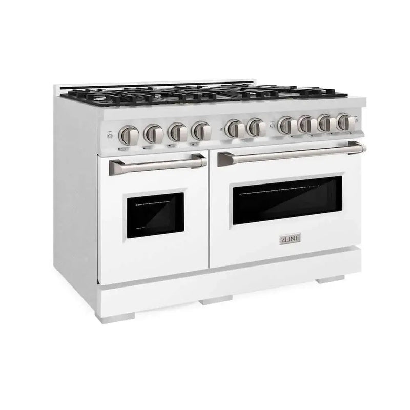 ZLINE 48" Dual Fuel Range, Gas Cooktop, Electric Convection Oven DuraSnow® Stainless Steel, White Matte Door CDRS-WM-48 by Farmhouse Kitchen and Bath