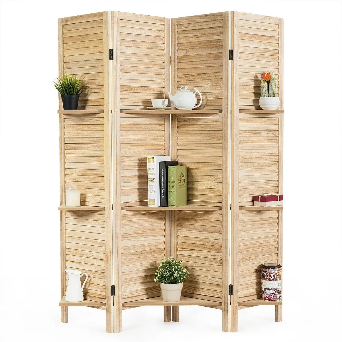 4 Panel Folding Room Divider Screen with 3 Display Shelves by DirectDeals