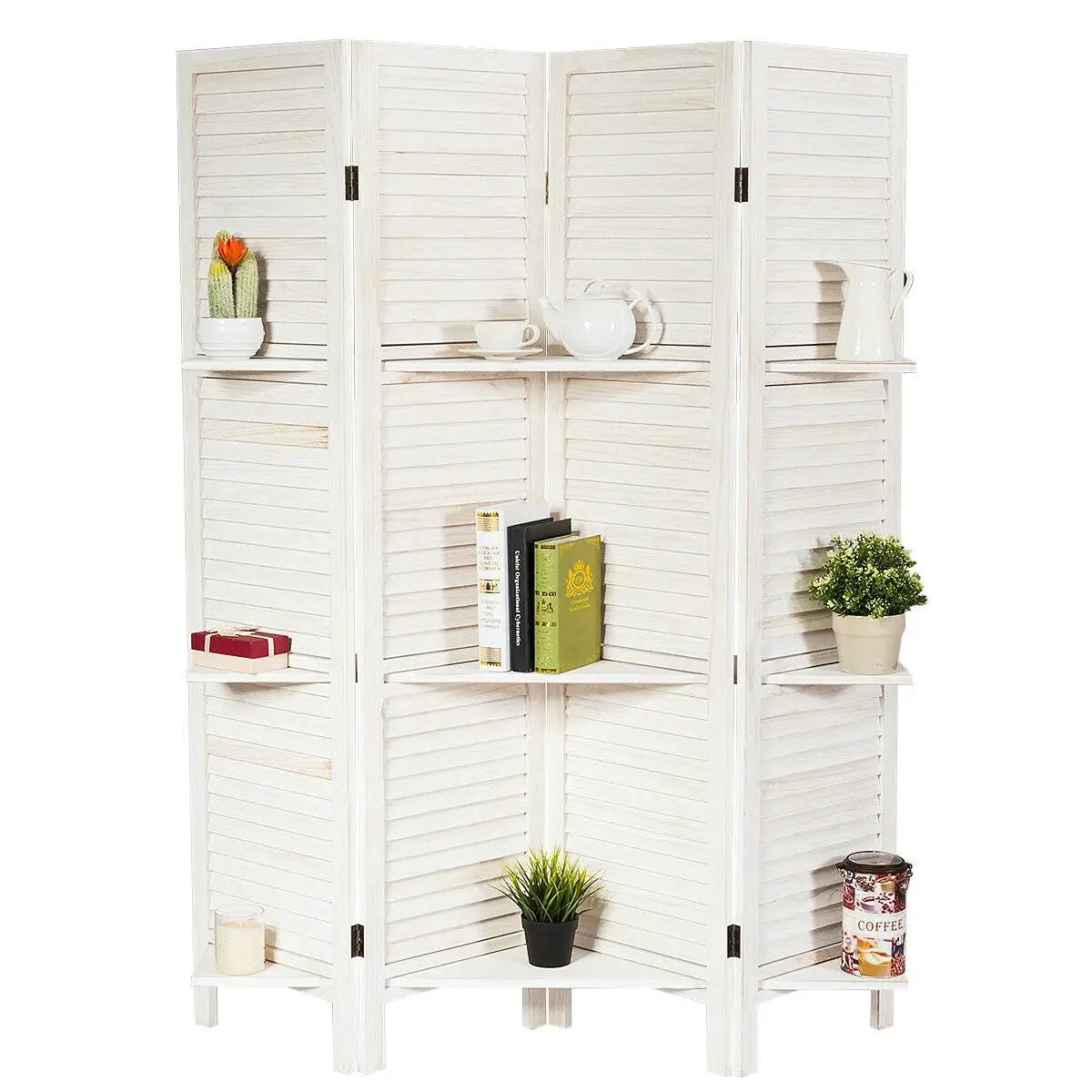 4 Panel Folding Room Divider Screen with 3 Display Shelves by DirectDeals