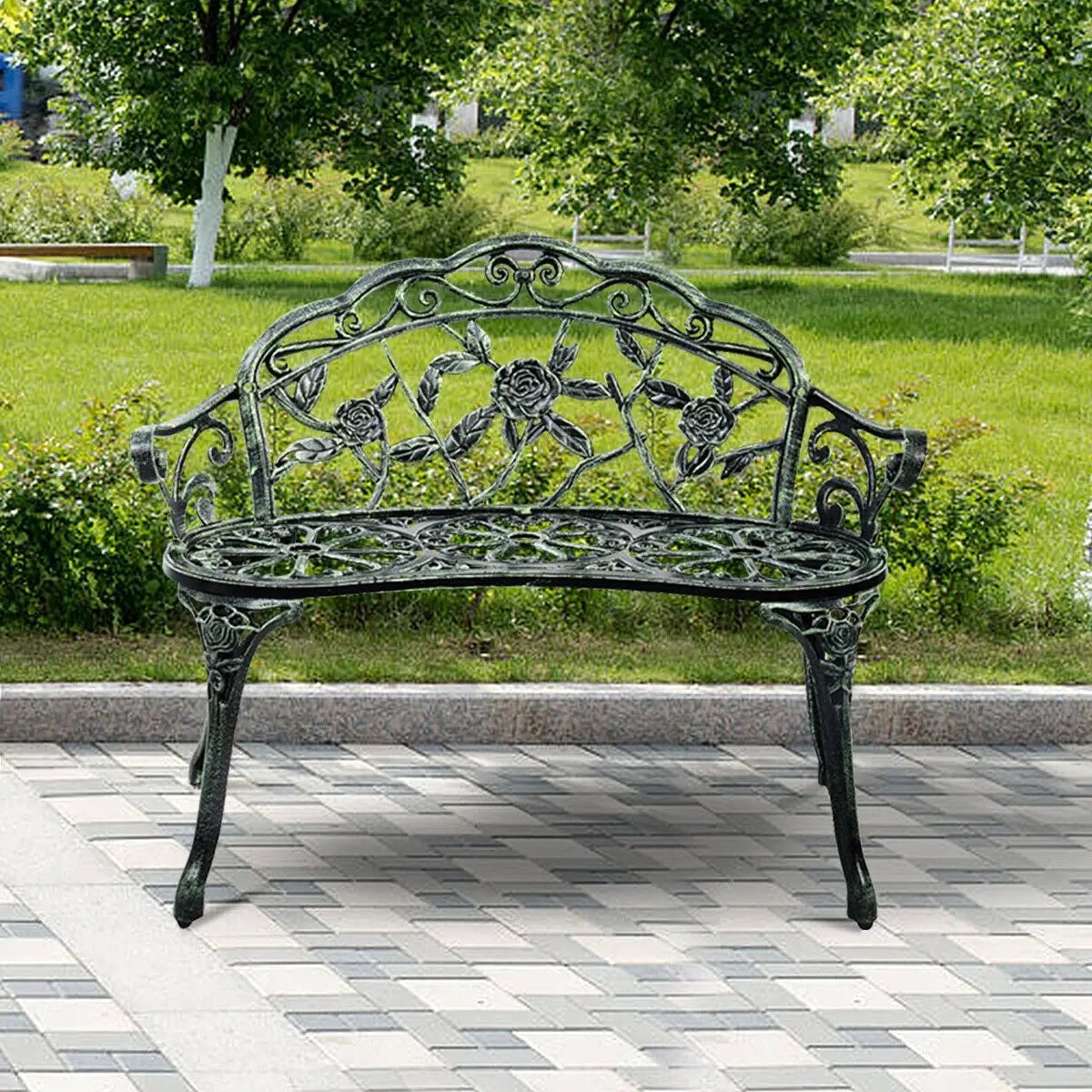 Outdoor Cast Aluminum Patio Bench Antique Rose by DirectDeals