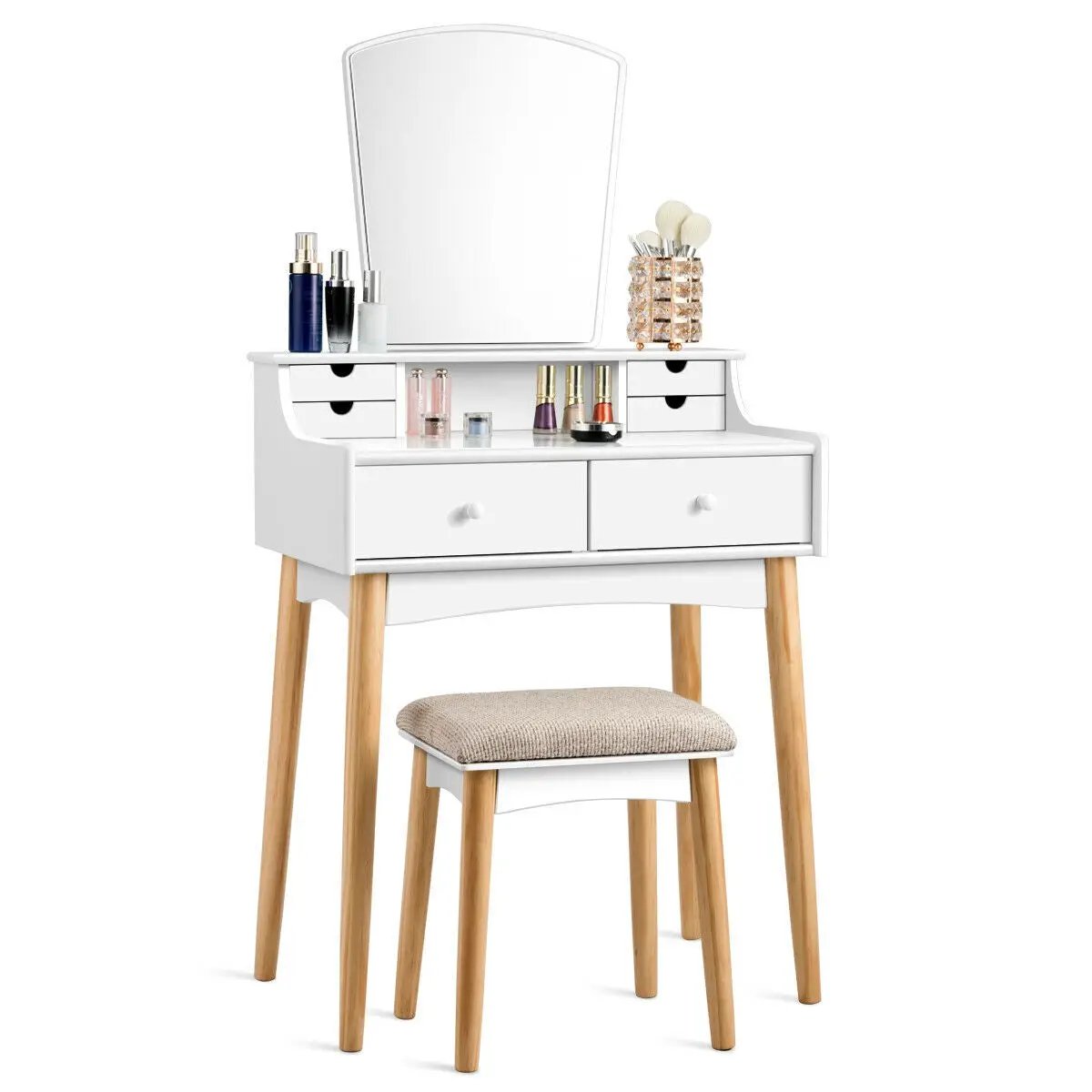 Makeup Vanity Set with 6 Drawers and Unique Shape Mirror by DirectDeals