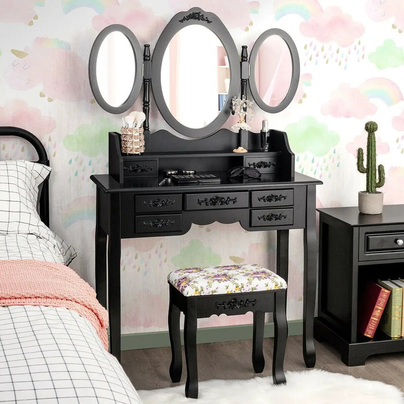 7 Drawer Tri-Folding Mirror Dressing Vanity Makeup Set by DirectDeals