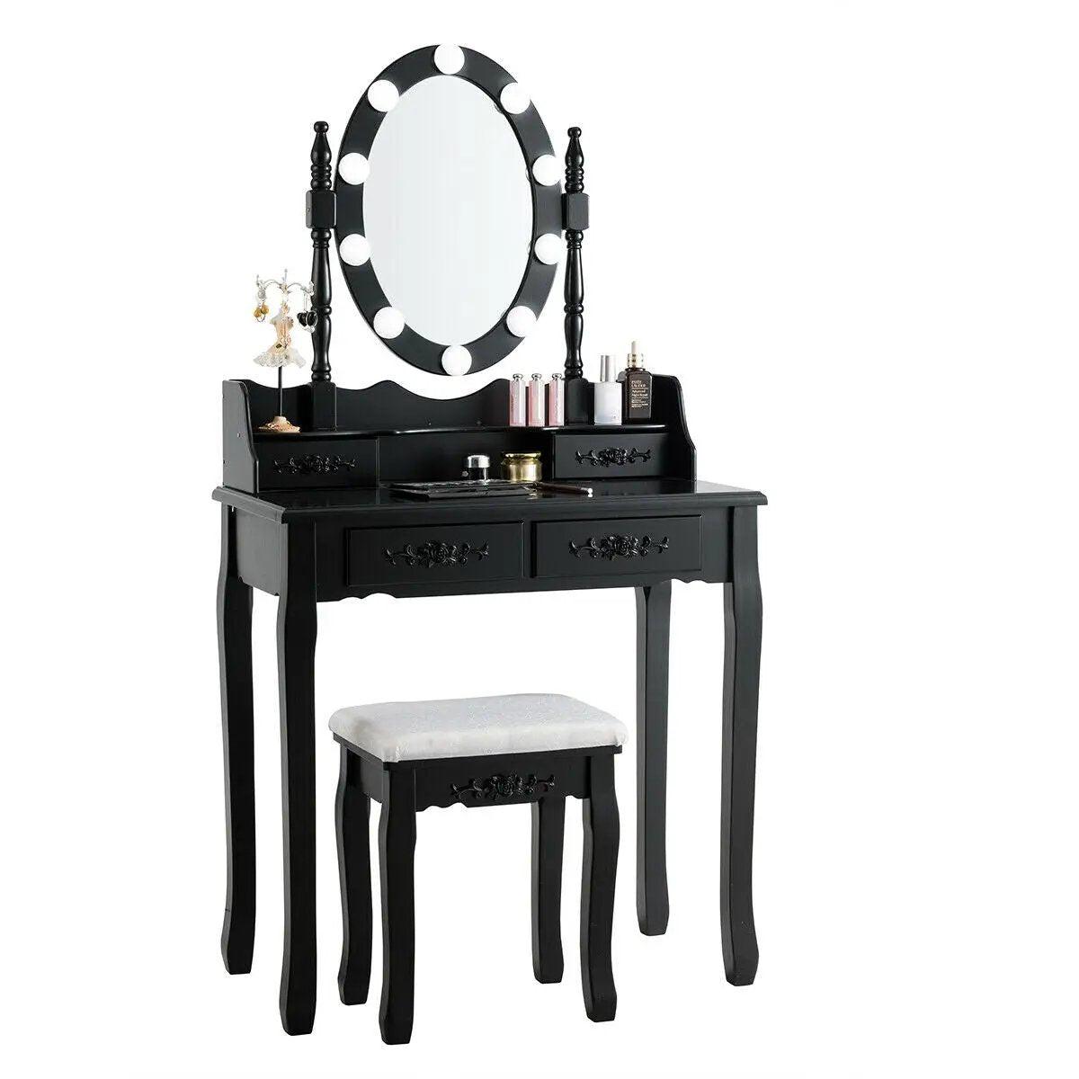 Makeup Dressing Table with Touch Switch Lighted Mirror and Cushioned Stool by DirectDeals
