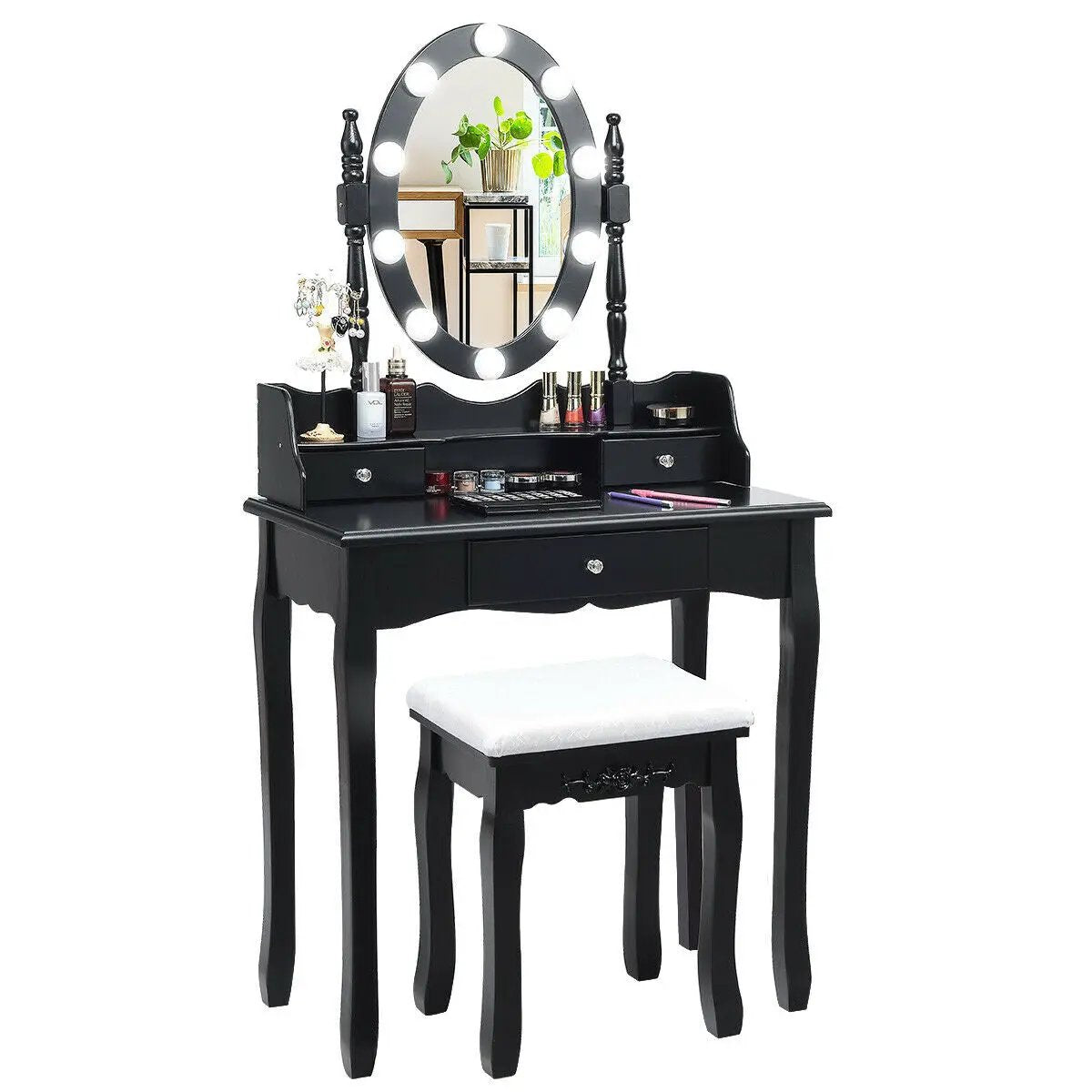 Oval Mirror Vanity Set with 10 LED Dimmable Bulbs and 3 Drawers by DirectDeals