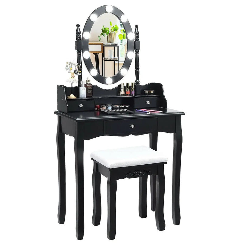 Oval Mirror Vanity Set with 10 LED Dimmable Bulbs and 3 Drawers by DirectDeals