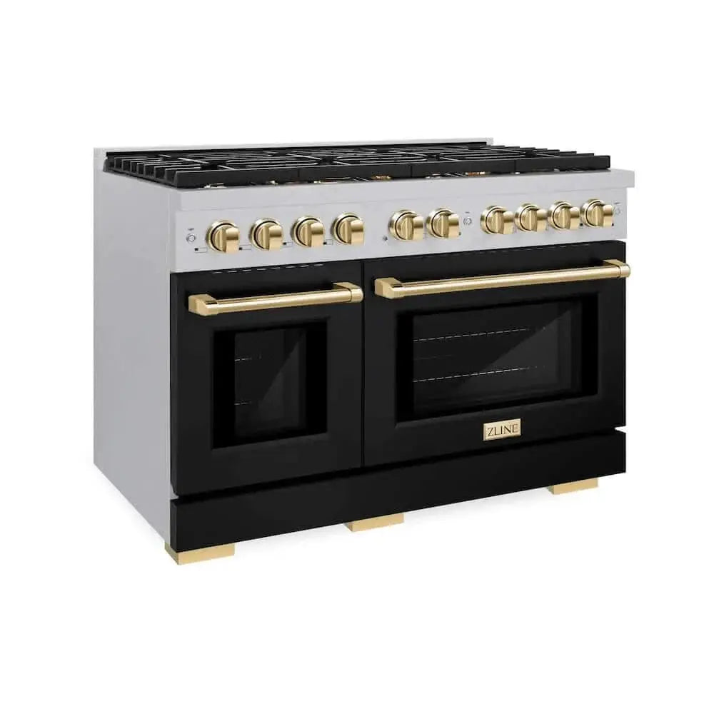 ZLINE 48"Gas Range, Convection Gas Oven, DuraSnow® Black Matte, Gold SGRSZ-BLM-48-G by Farmhouse Kitchen and Bath
