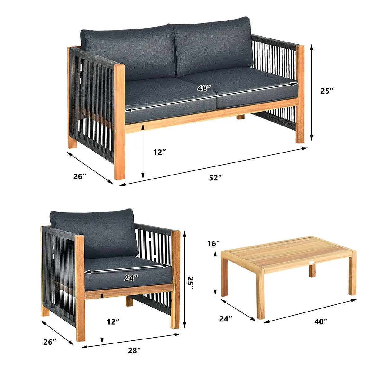 4 Pieces Acacia Wood Outdoor Patio Furniture Set with Cushions by DirectDeals