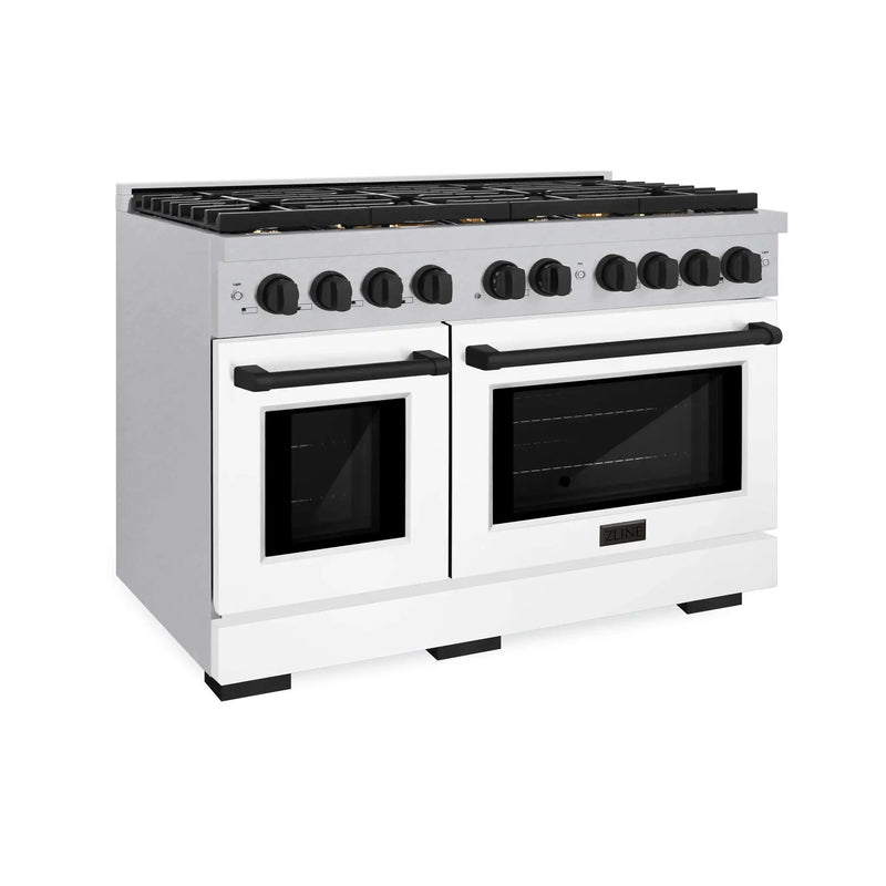 ZLINE 48"Paramount Dual Fuel Range DuraSnow® White Matte, Matte Black SDRSZ-WM-48-MB by Farmhouse Kitchen and Bath