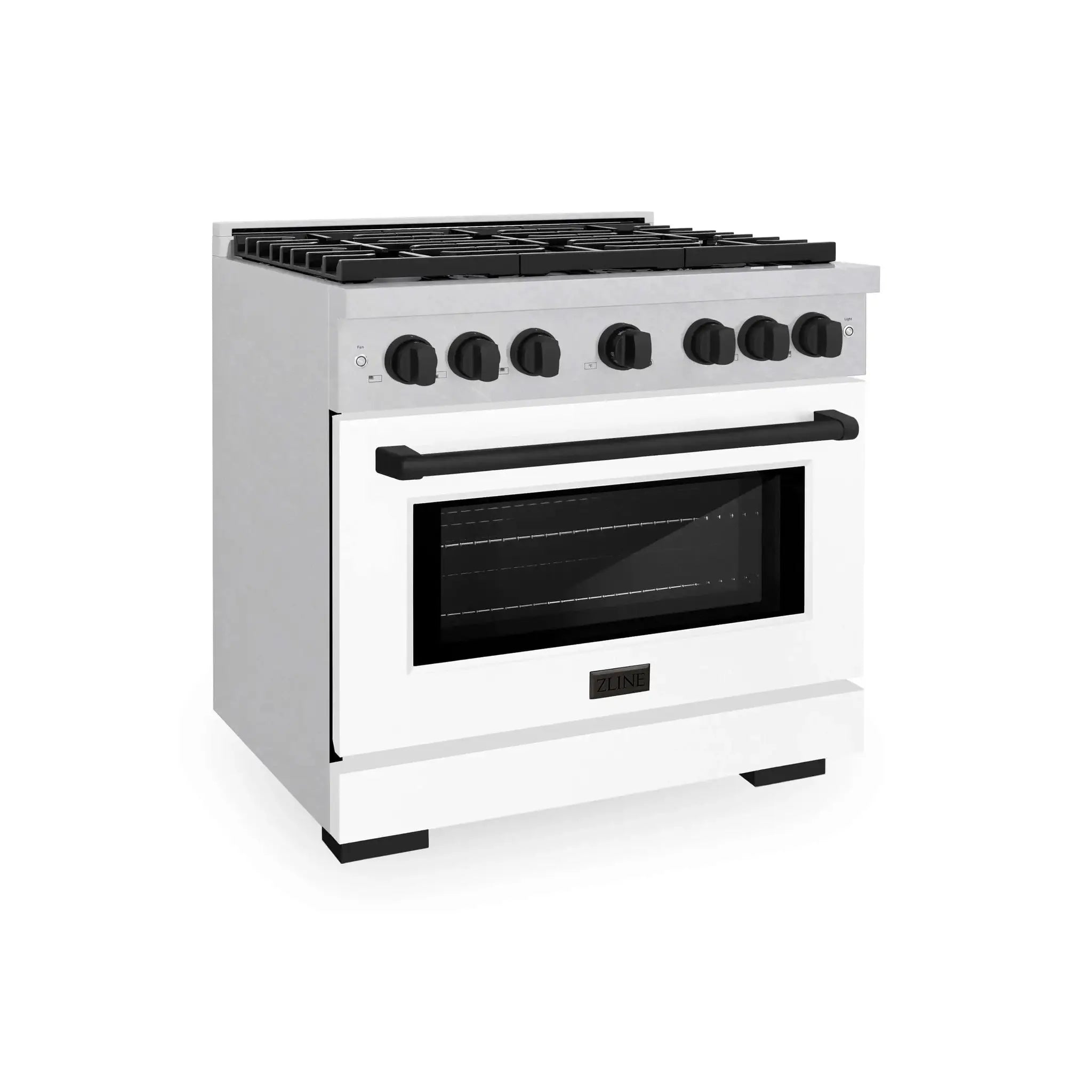 ZLINE 36"Paramount Dual Fuel Range DuraSnow® White Matte, Matte Black SDRSZ-WM-36-MB by Farmhouse Kitchen and Bath