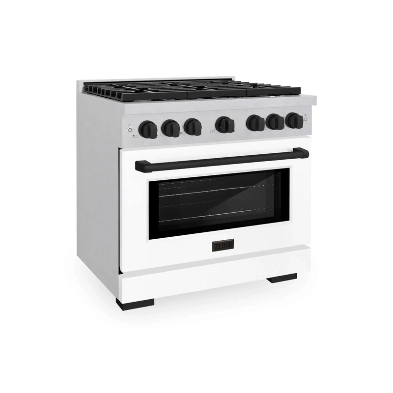 ZLINE 36"Paramount Dual Fuel Range DuraSnow® White Matte, Matte Black SDRSZ-WM-36-MB by Farmhouse Kitchen and Bath