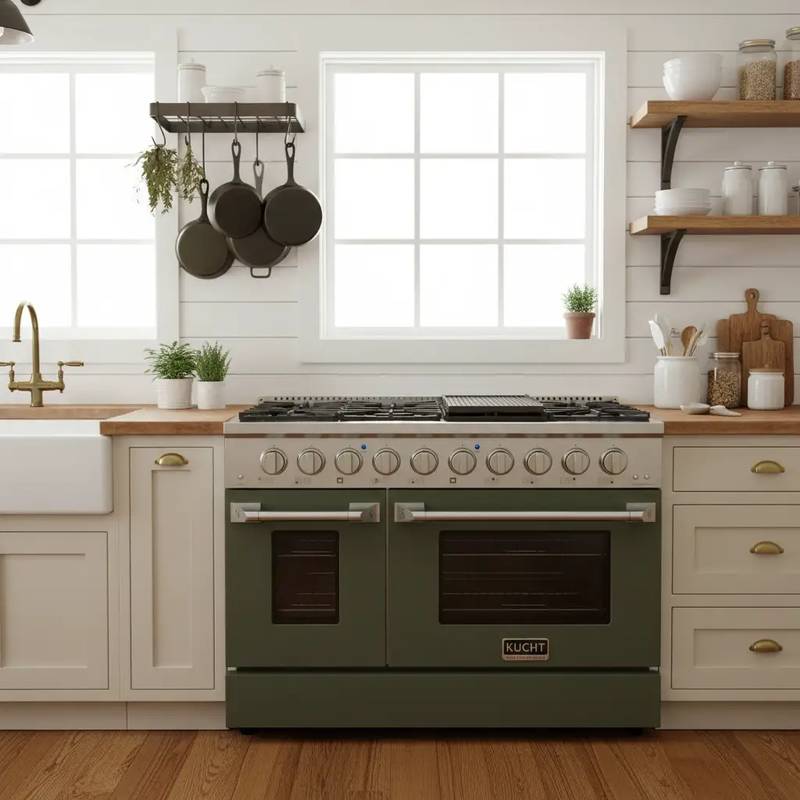 Kucht 48" Gas Range in Stainless Steel with Olive Green Oven Doors, KNG481-OG by Farmhouse Kitchen and Bath