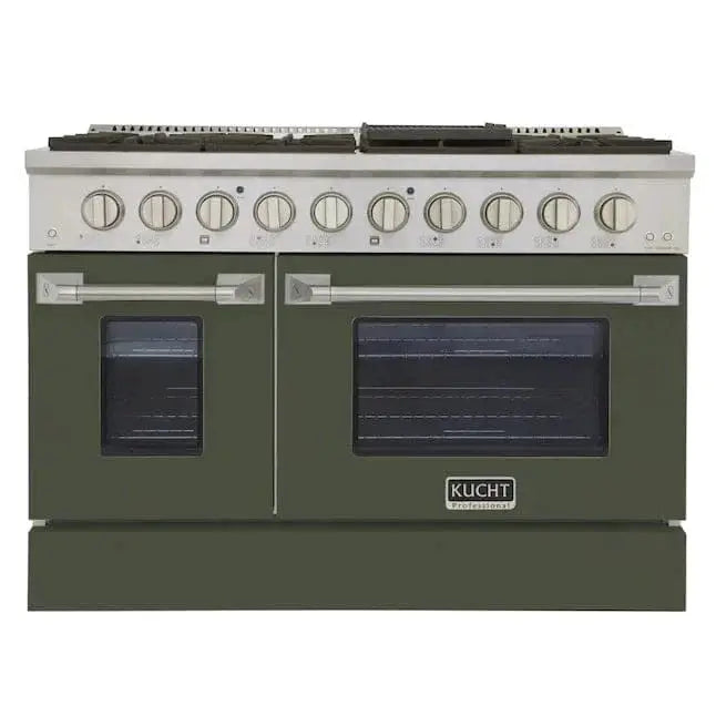 Kucht 48" Gas Range in Stainless Steel with Olive Green Oven Doors, KNG481-OG by Farmhouse Kitchen and Bath
