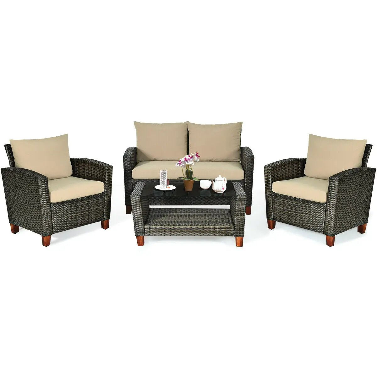 4 Pieces Patio Rattan Furniture Set with Cushions by DirectDeals