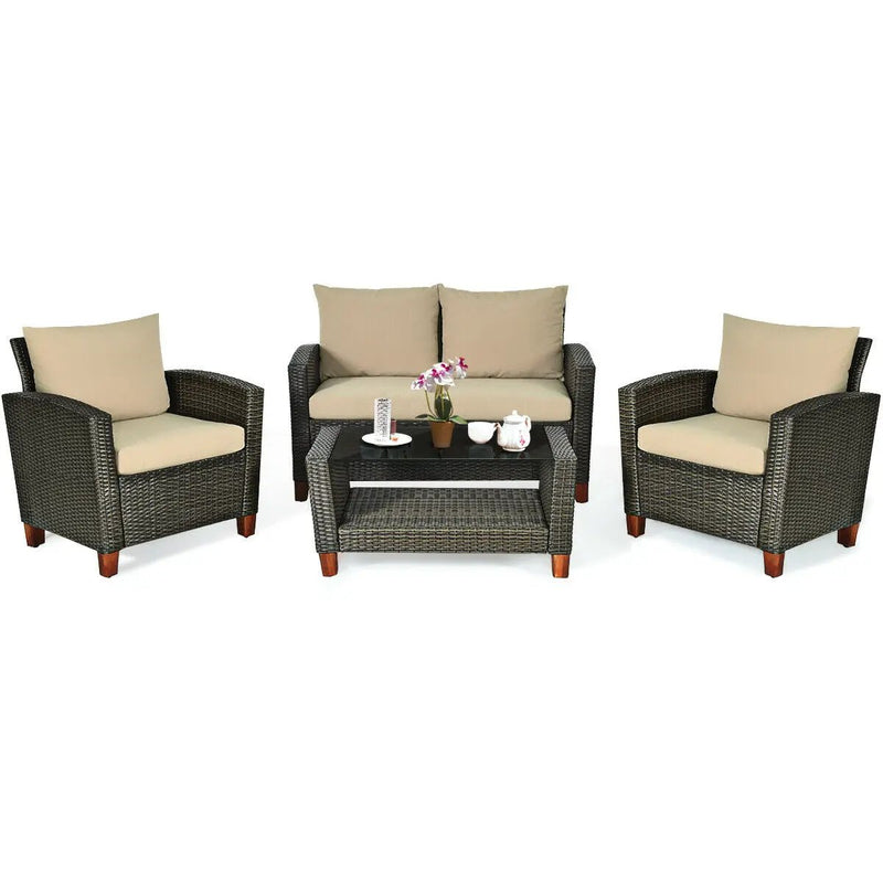 4 Pieces Patio Rattan Furniture Set with Cushions by DirectDeals