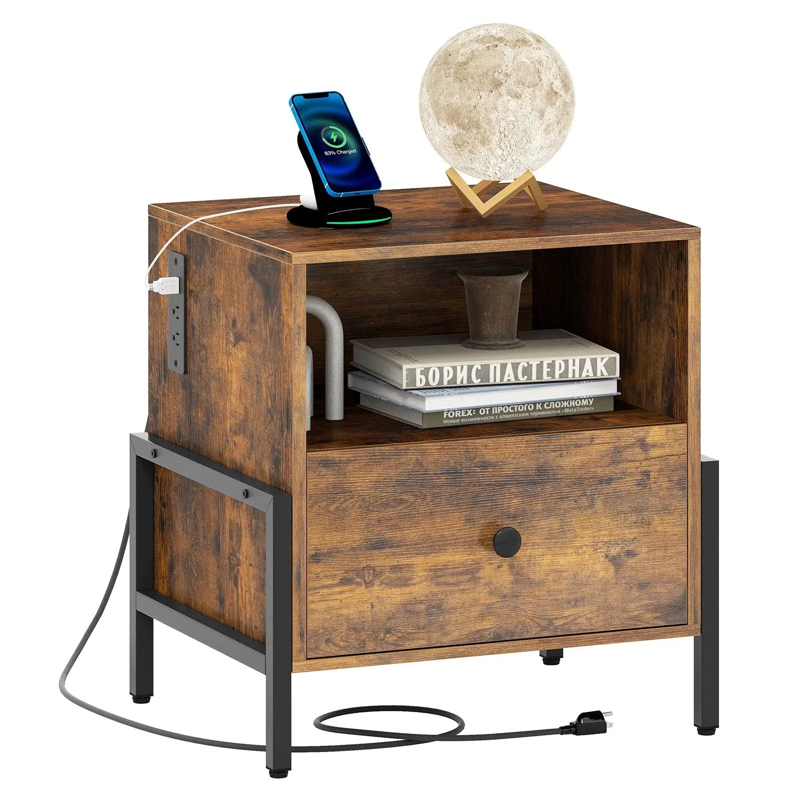 Nightstand with Charging Station and Drawer Sofa Side Table-Rustic Brown by DirectDeals