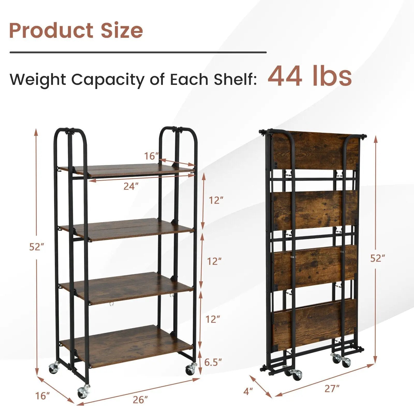 Foldable Rolling Cart with Storage Shelves for Kitchen-4-Tier by DirectDeals