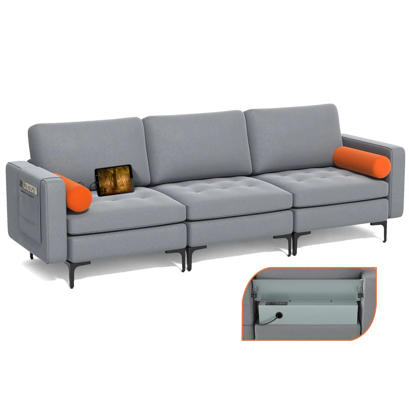 Modular 1/2/3/4-Seat L-Shaped Sectional Sofa Couch with Socket USB Port-3-Seat with USB port by DirectDeals