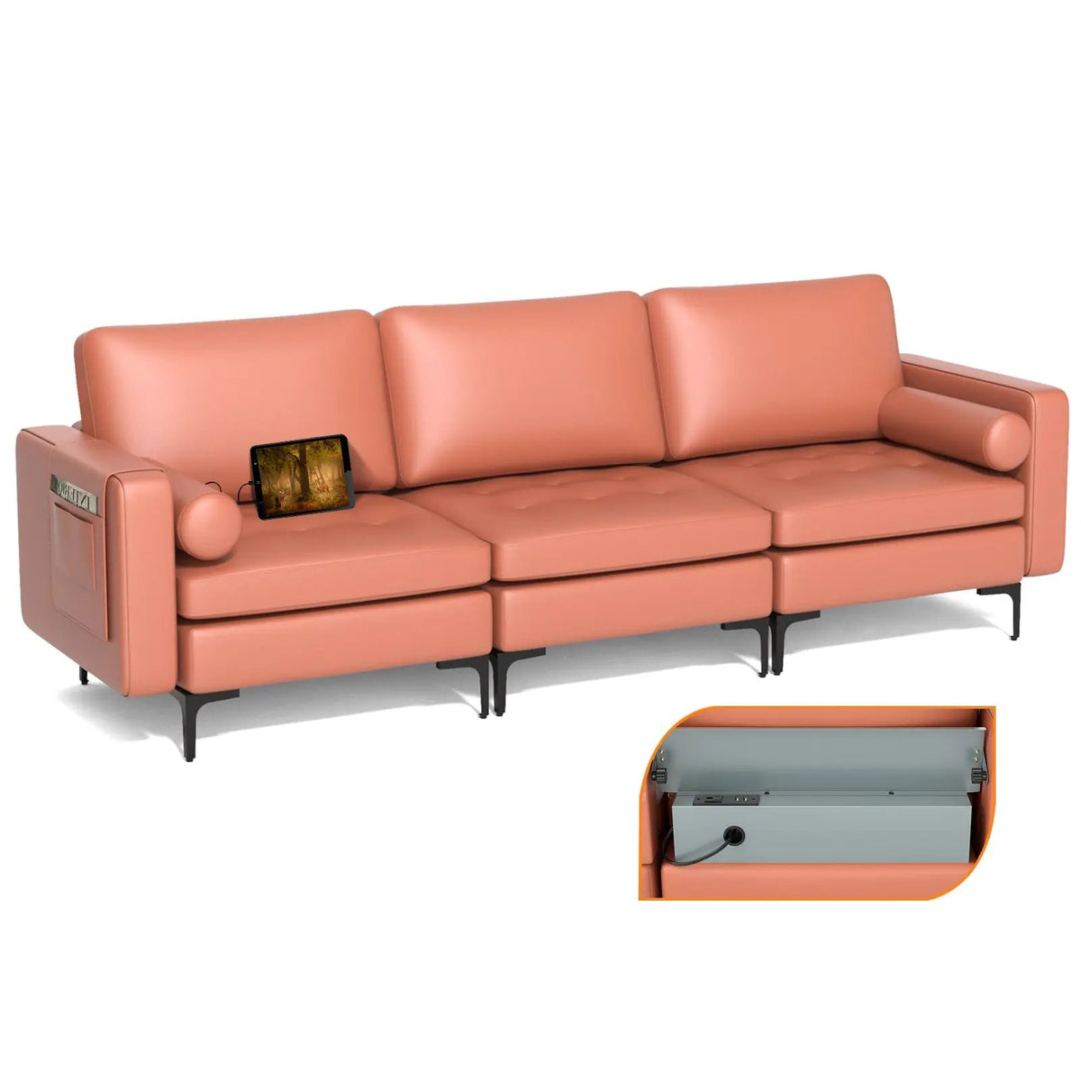 Modular 1/2/3/4-Seat L-Shaped Sectional Sofa Couch with Socket USB Port-3-Seat with USB port by DirectDeals