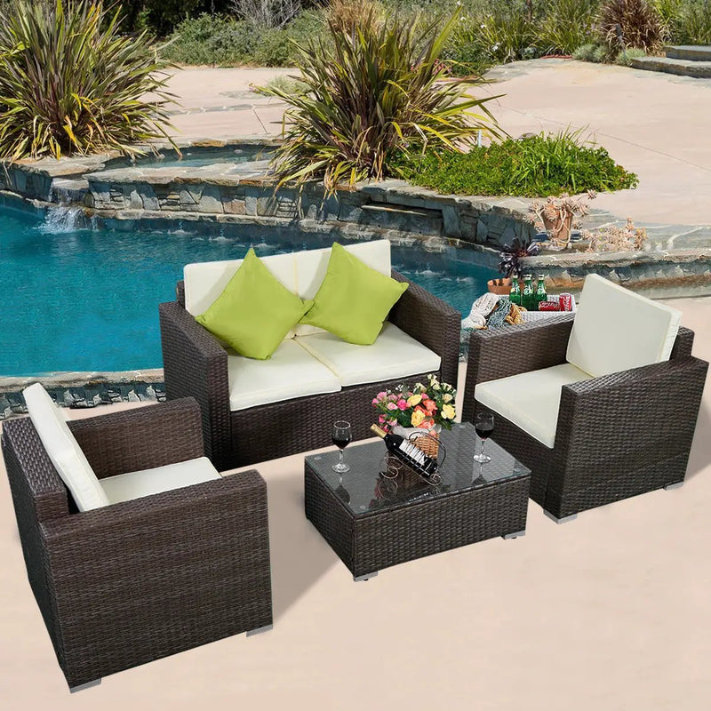 4 Pieces Brown Wicker Rattan Sofa Furniture Set Patio Garden Lawn Cushioned Seat by DirectDeals