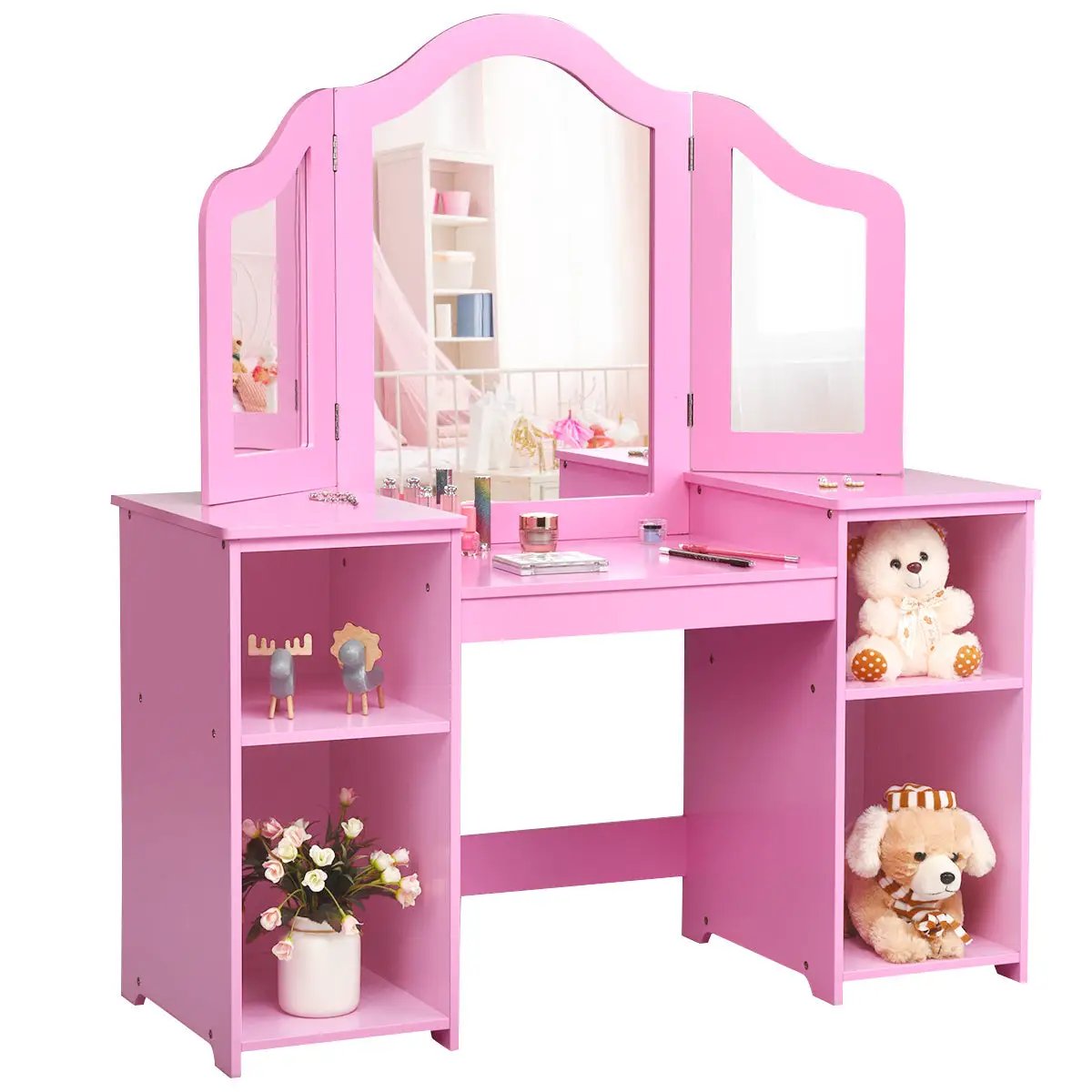 Kids Tri Folding Mirror Makeup Dressing Vanity Table Set by DirectDeals