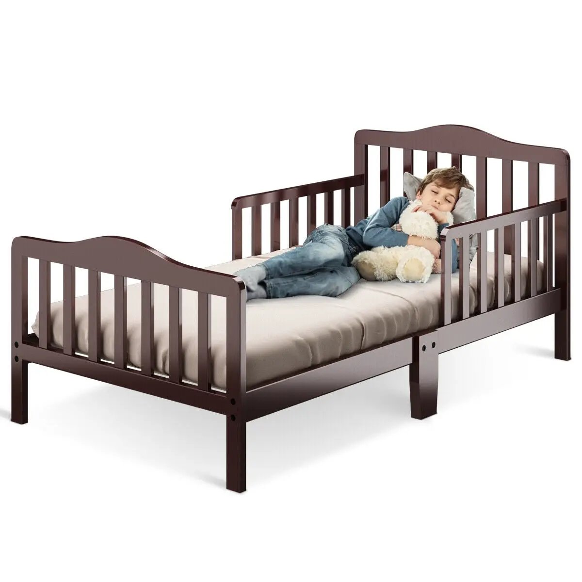 Classic Design Kids Wood Toddler Bed Frame with Two Side Safety Guardrails by DirectDeals