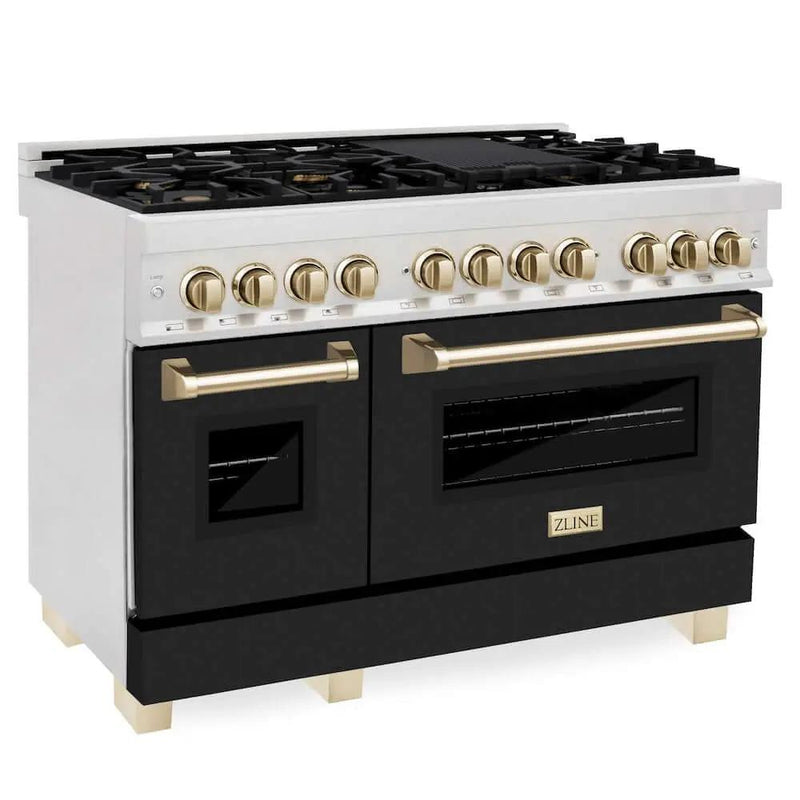 ZLINE 48" Autograph, Dual Fuel Range, Black Door, Gold, RASZ-BLM-48-G by Farmhouse Kitchen and Bath