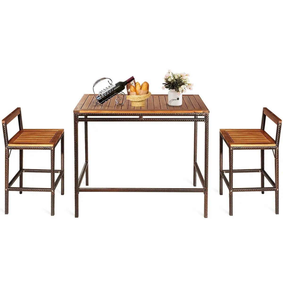 3 Pieces Patio Rattan Wicker Bar Dining Furniture Set by DirectDeals