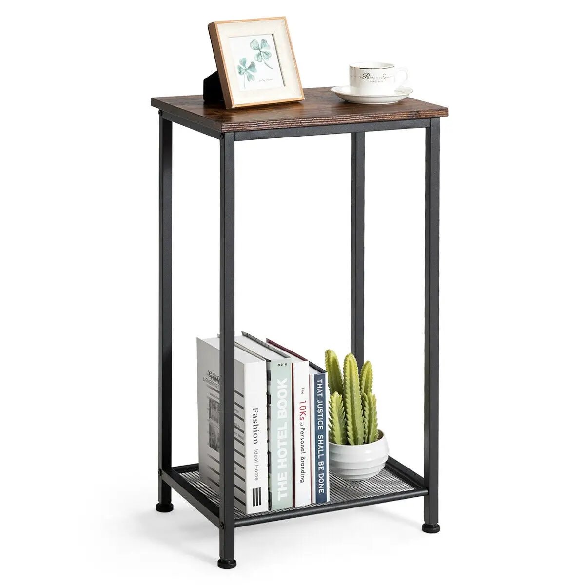 2-Tier Industrial End Table with Metal Mesh Storage Shelves by DirectDeals