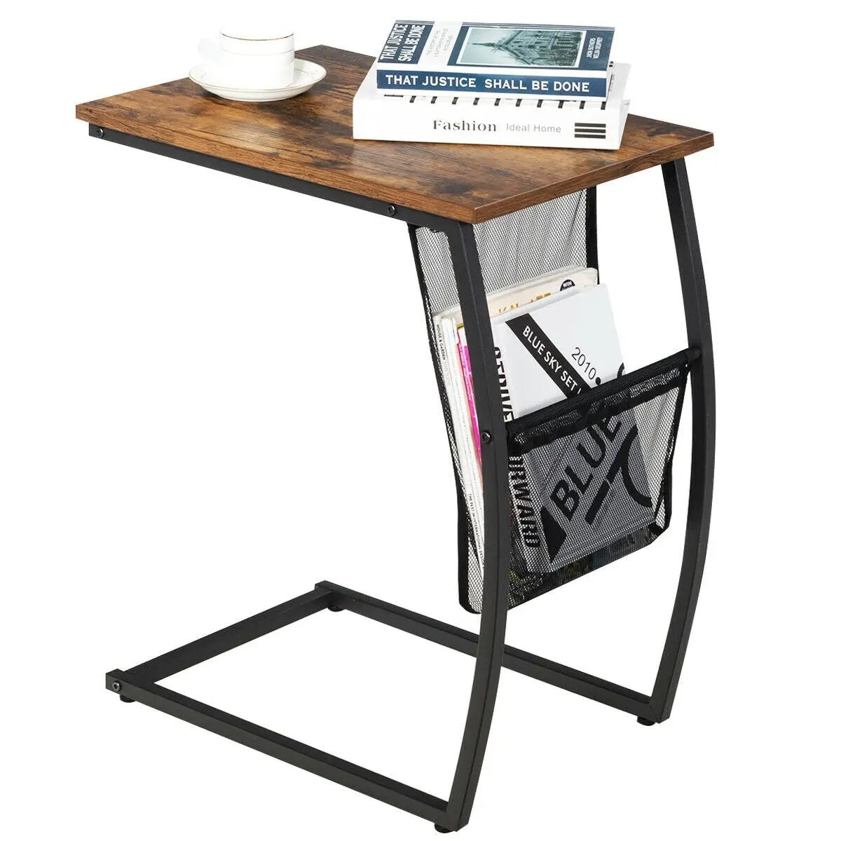 C-shaped Vintage End Table with Side Pocket and Metal Frame by DirectDeals