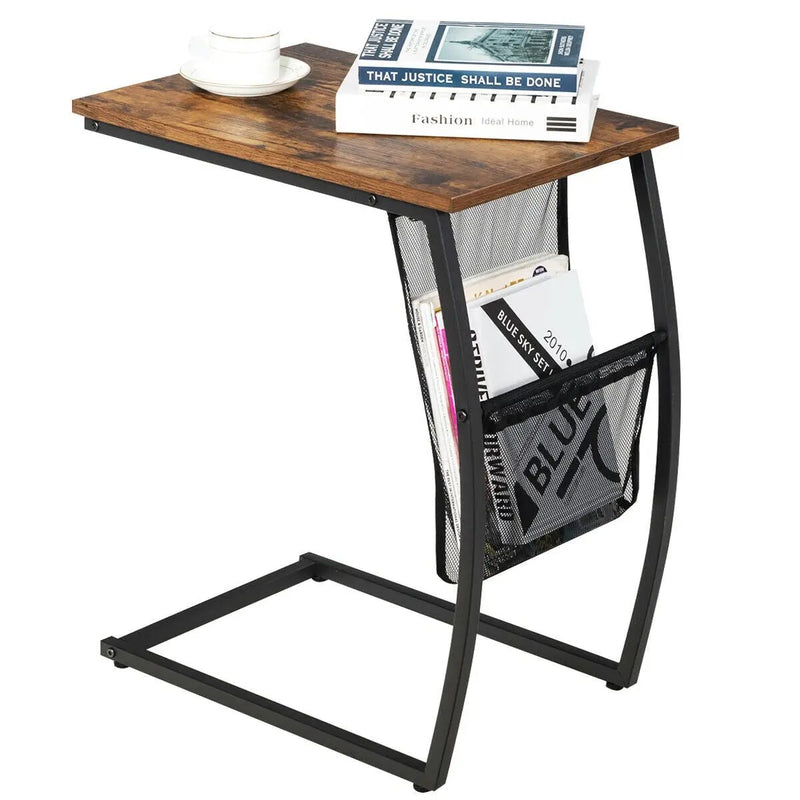 C-shaped Vintage End Table with Side Pocket and Metal Frame by DirectDeals