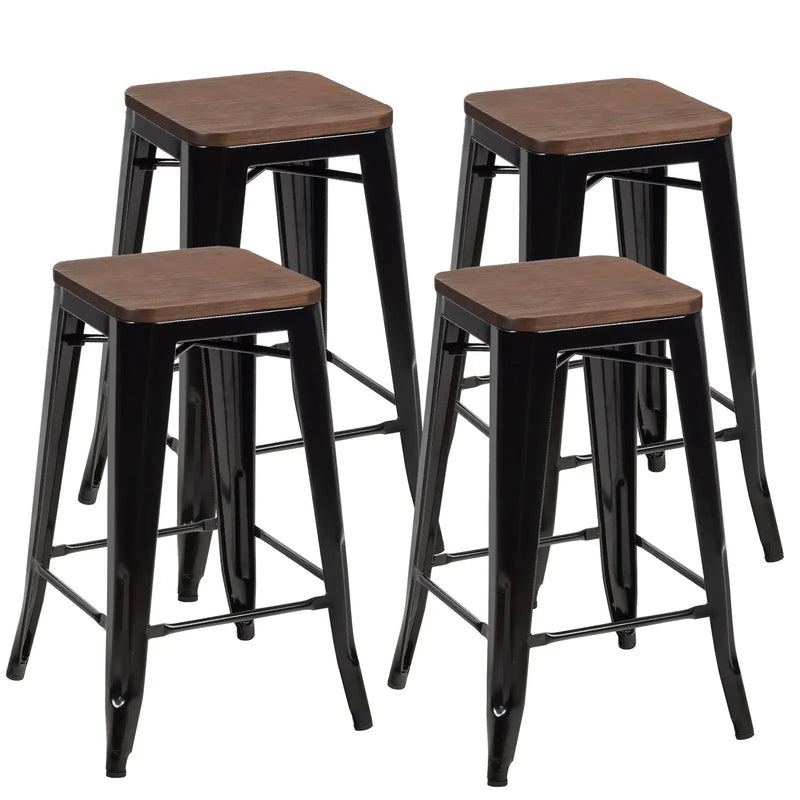 Set of 4 Counter Height Backless Barstools with Wood Seats-Black by DirectDeals