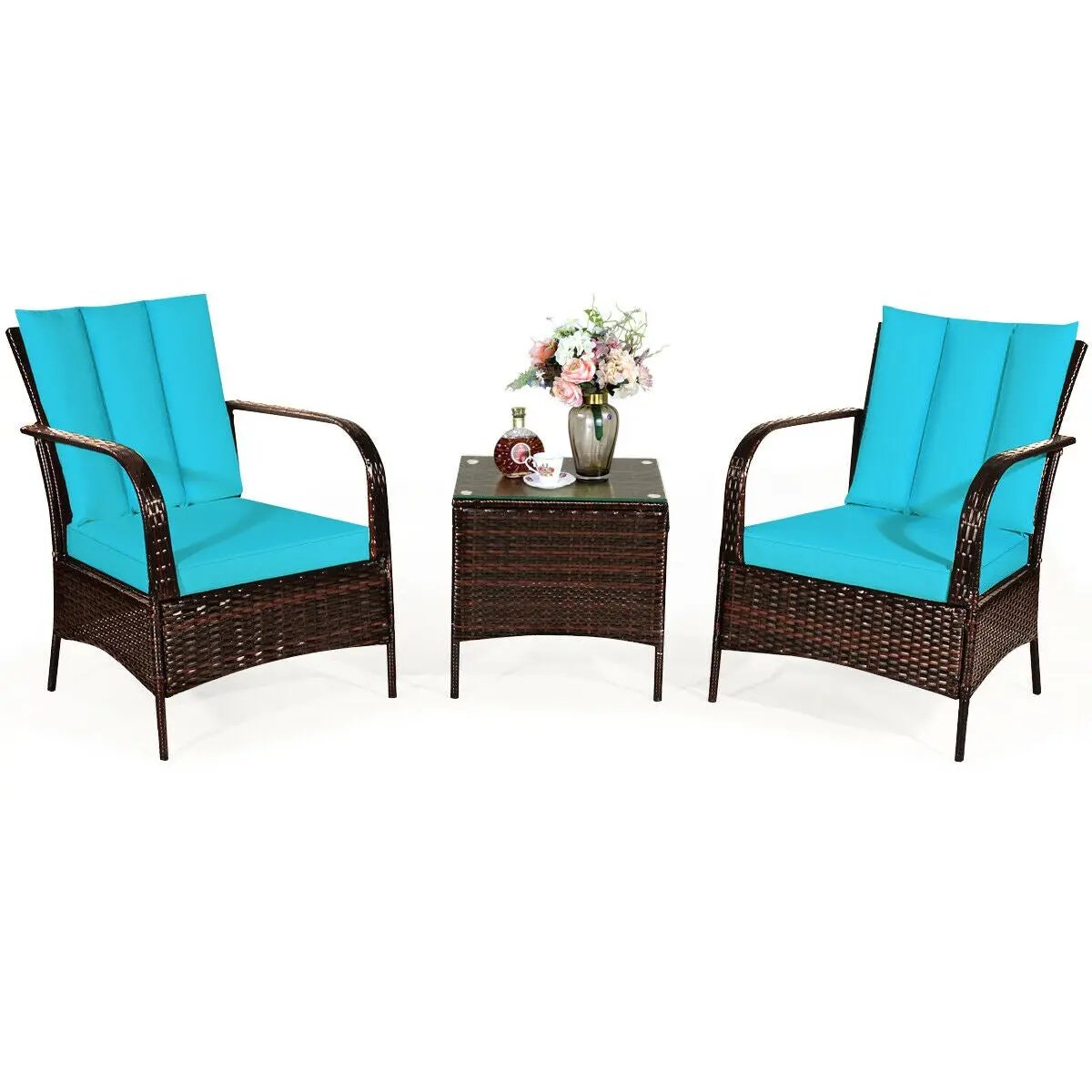 3 Pcs Patio Conversation Rattan Furniture Set with Glass Top Coffee Table and Cushions by DirectDeals