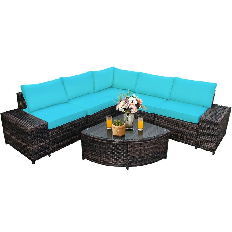 6 Piece Wicker Patio Sectional Sofa Set with Tempered Glass Coffee Table by DirectDeals