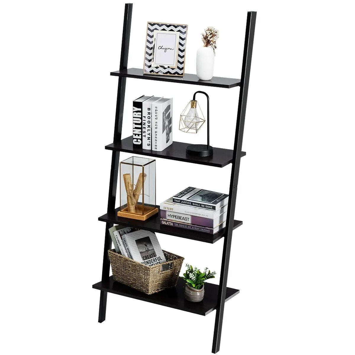 Multipurpose 4-Tier Industrial Leaning Wall Bookcase with Metal Frame by DirectDeals