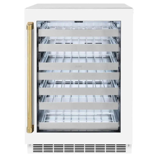 ZLINE 24" Touchstone Dual Zone 44 Bottle Wine Cooler White Matte Glass Door Polished Gold Handle RWDOZ-WM-24-G
