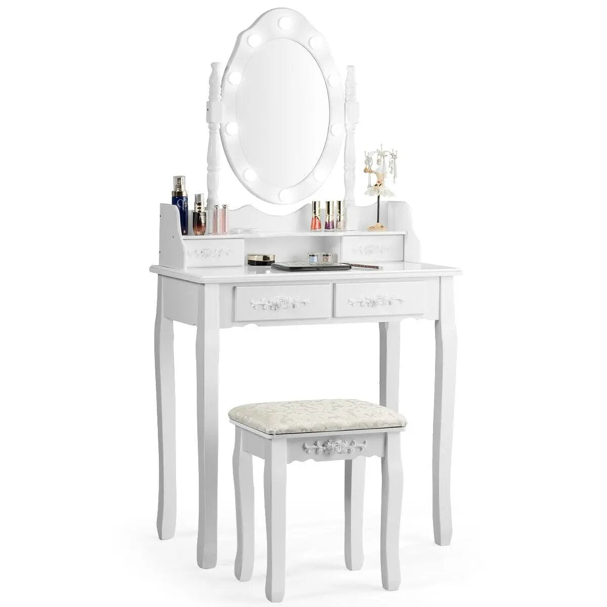 Makeup Vanity Dressing Table Set with Dimmable Bulbs Cushioned Stool by DirectDeals