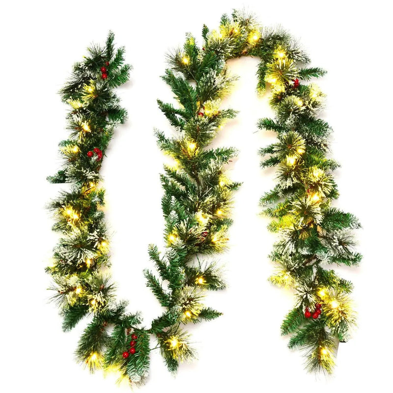 9 Feet Pre-lit Snow Flocked Tips Christmas Garland with Red Berries by DirectDeals