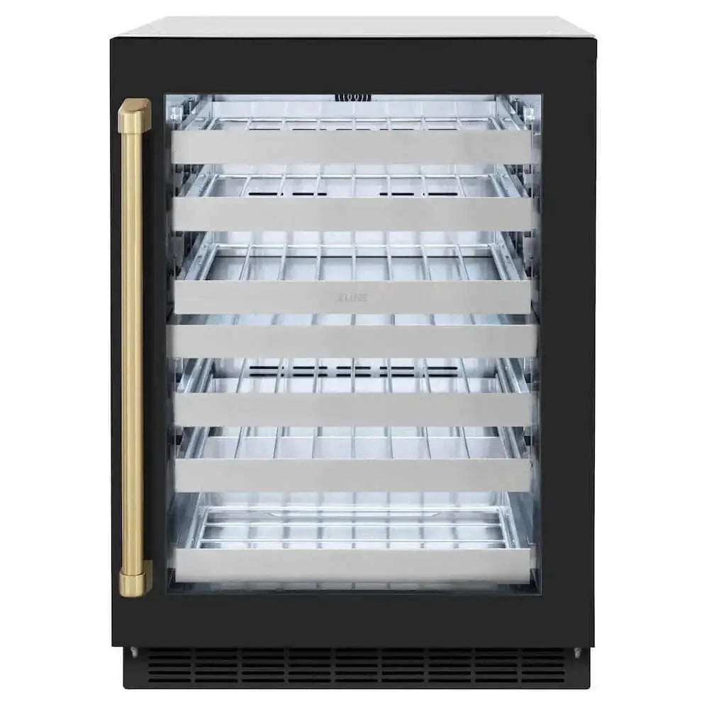 ZLINE 24" Touchstone Dual Zone 44 Bottle Wine Cooler Black Matte Glass Door Champagne Bronze Handle RWDOZ-BLM-24-CB by Farmhouse Kitchen and Bath
