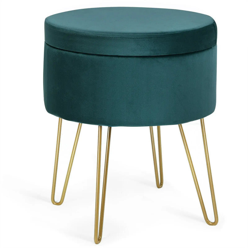 Round Velvet Storage Ottoman Footrest Stool Vanity Chair with Metal Legs by DirectDeals
