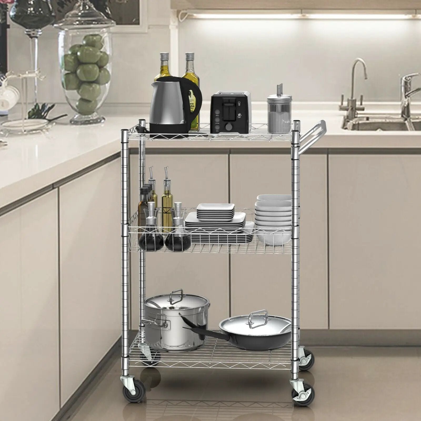 3-Tier Rolling Utility Cart with Handle Bar and Adjustable Shelves by DirectDeals
