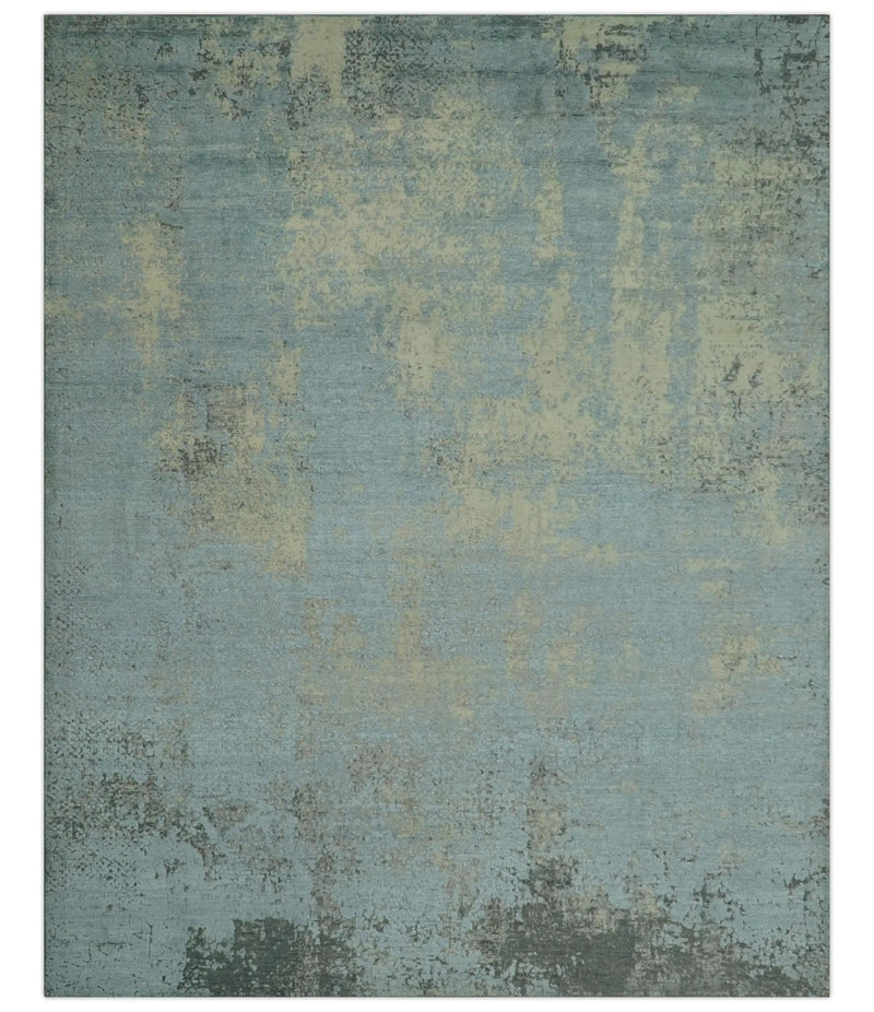 Abstract Design Blue, Beige And Gray 8x10 Hand Knotted Wool and Bamboo Silk Rug by The Rug Decor