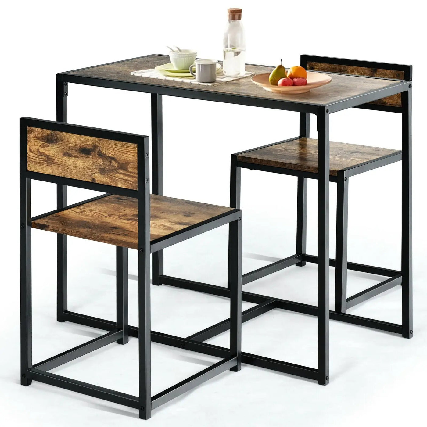 3 Pcs Dining Set Compact Table and 2 Chair with Metal Frame for for Small Space by DirectDeals