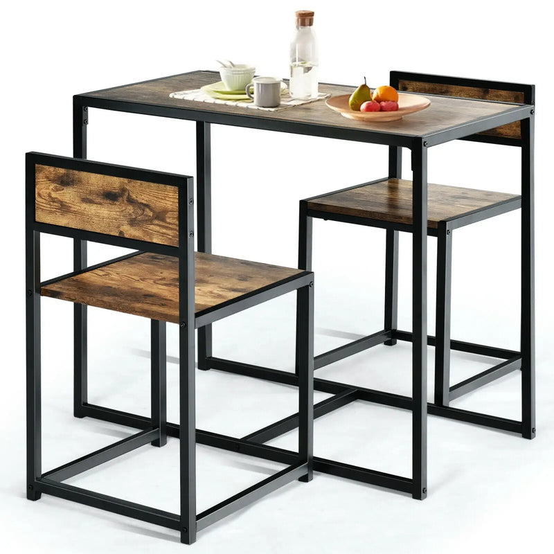 3 Pcs Dining Set Compact Table and 2 Chair with Metal Frame for for Small Space by DirectDeals
