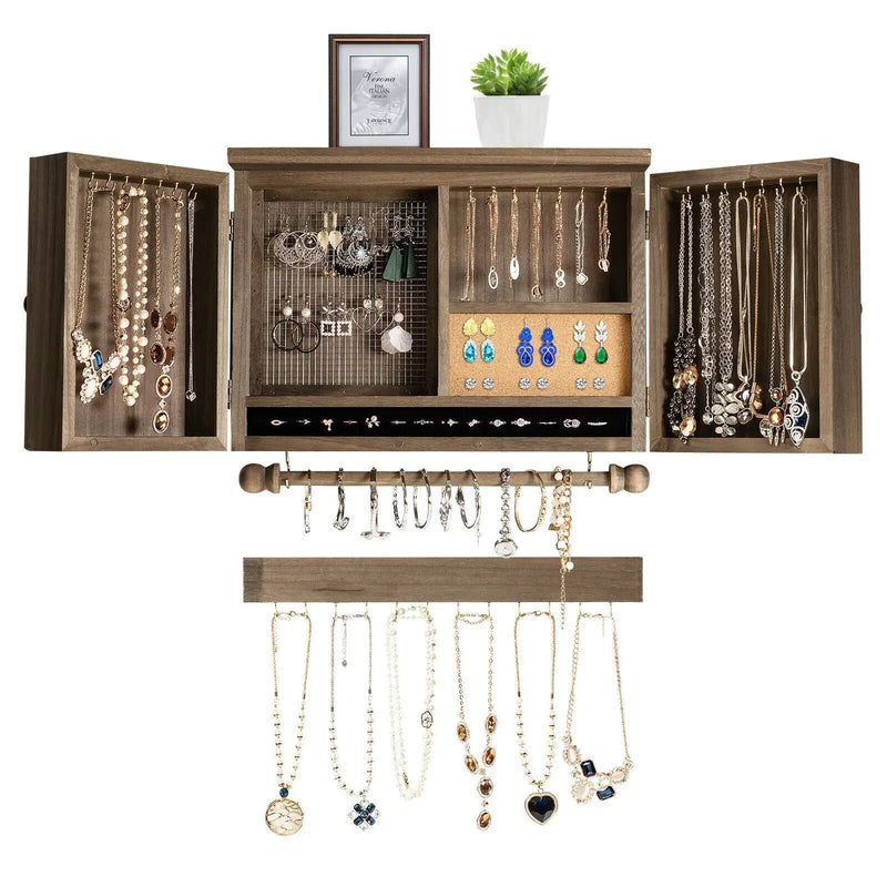 Vintage Wood Wall Mounted Jewelry Organizer with Barn Door-Brown by DirectDeals