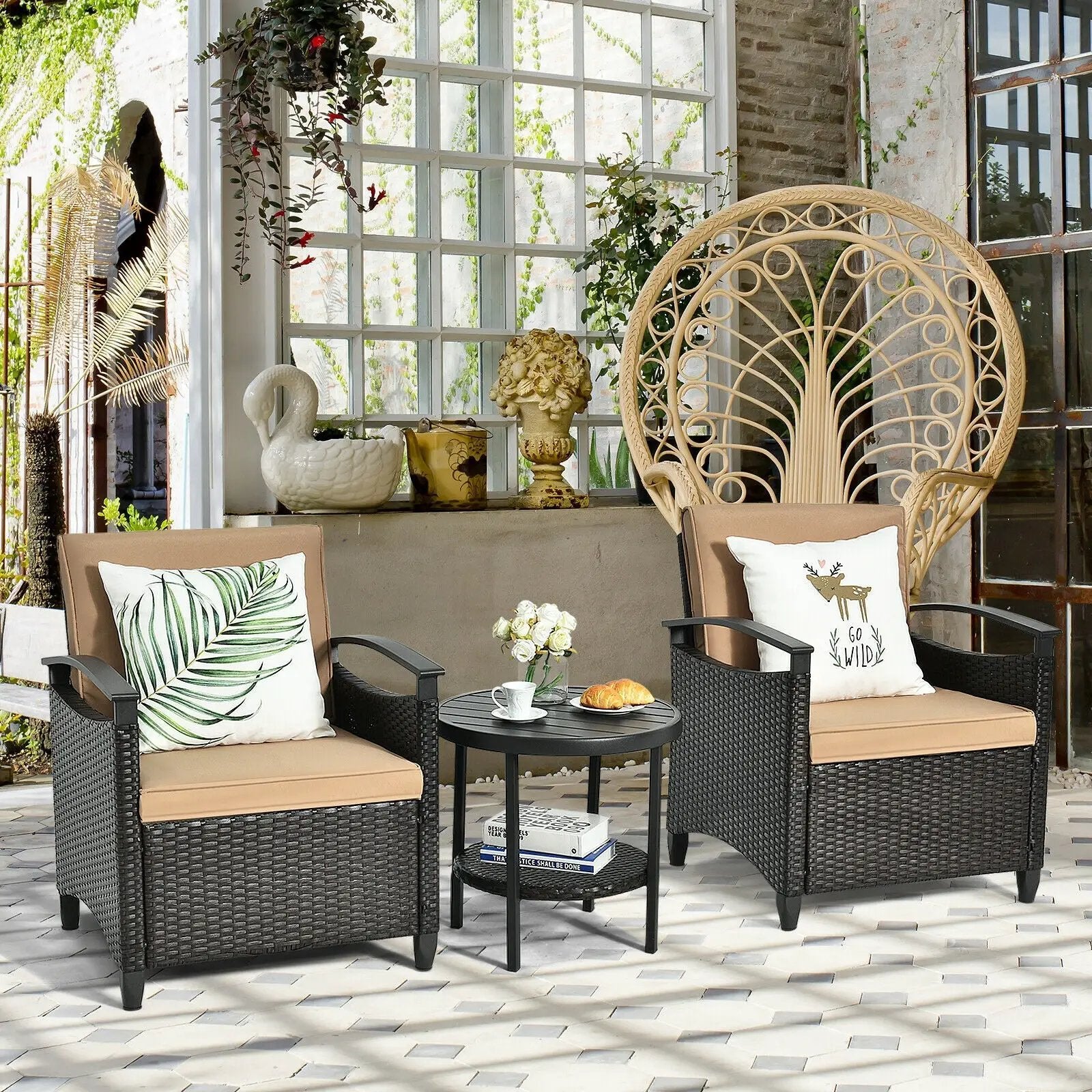 3 Pieces Patio Rattan Furniture Set Cushioned Sofa Storage Table with Shelf Garden by DirectDeals